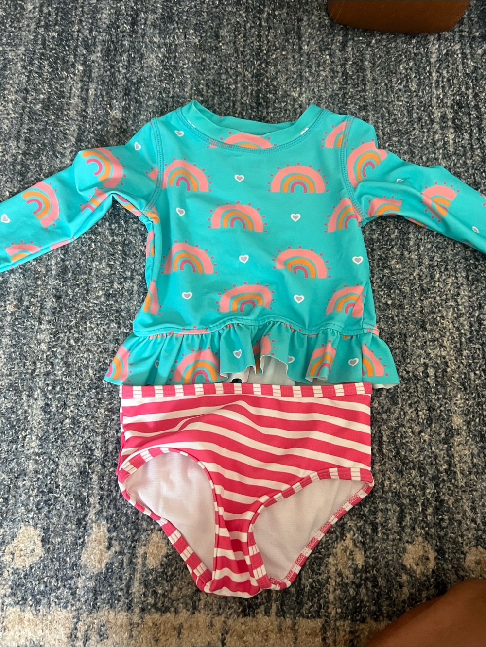Ruffle Butts Teal Rainbow Ruffle Rashguard with Pink Stripe Bottoms